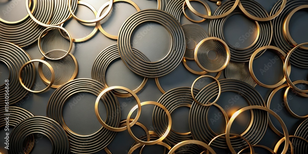 Aufkleber A chaotic arrangement of metallic circles, some solid, others concentric, with a subtle variation in tone creating a dynamic and abstract pattern.