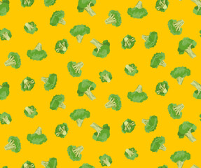 ブロッコリーと黄色の背景のシームレスパターン