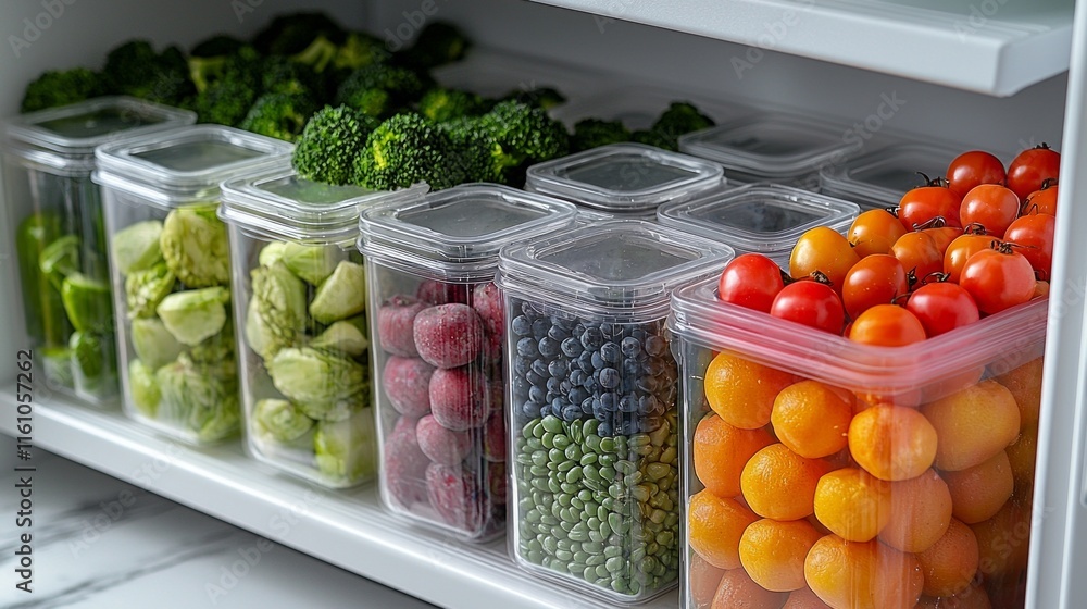 Poster refrigerator displays array of colorful meal prep containers all labeled calorie and macro informati
