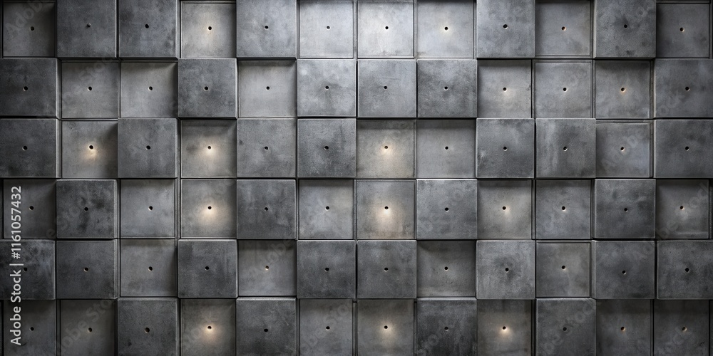 Poster a repeating pattern of square concrete tiles with small holes, some illuminated with soft light.