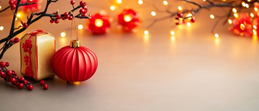 Traditional Lunar New Year 2025 scene vibrant lanterns illuminating joyous family gatherings red and gold accents symbolizing happiness and prosperity