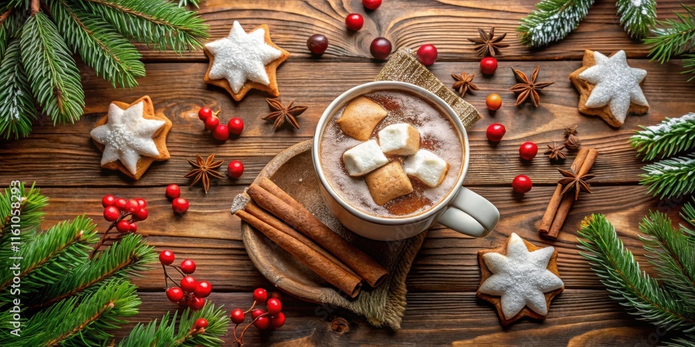 Poster a warm cup of cocoa topped with marshmallows and surrounded by star-shaped cookies, cinnamon sticks,