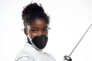 Fencer displays intense focus, wearing modern protective gear an