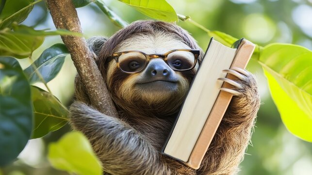 Adorable sloth in glasses holding a book among lush green leaves