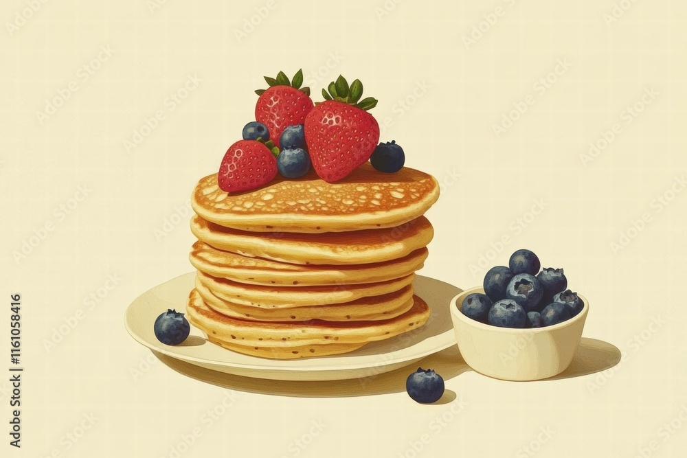 Poster Golden pancakes topped with strawberries and blueberries inviting a delicious breakfast experience with text space. Generative AI