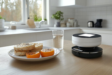 smartphone displays nutrition app detailed calorie and macro breakdowns next plate of weighed food and digital scale in bright kitchen.