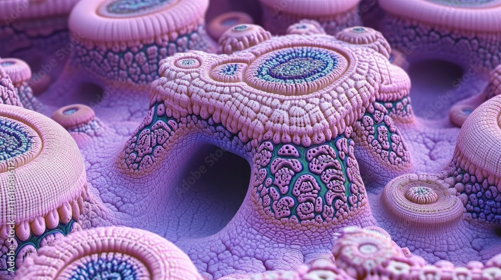 Fototapete abstract 3d rendering of a pink and purple organic structure with intricate details.