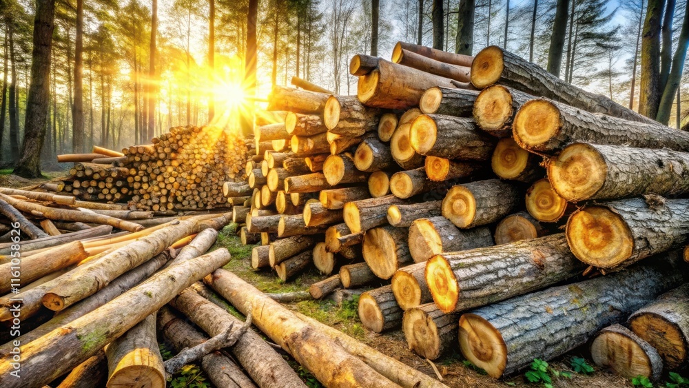 Poster golden sunlight filtering through a forest of cut logs, illuminating the raw wood and creating a dra