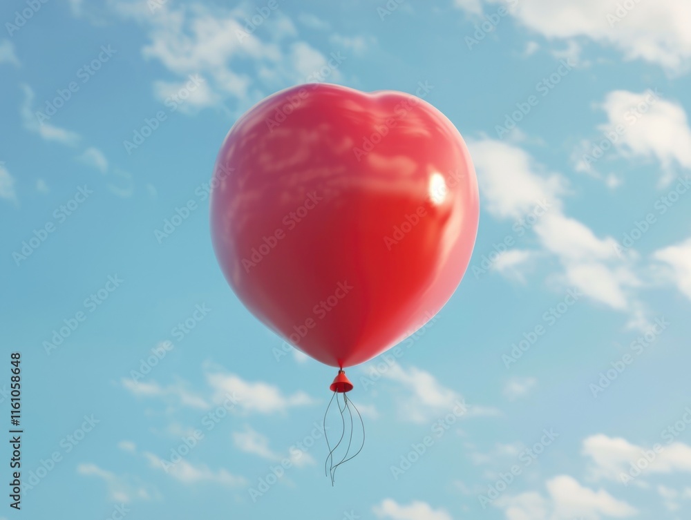 Poster a red heart balloon floating in the sky on a cloudy day.