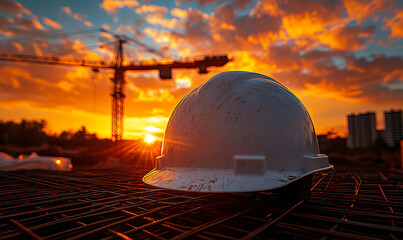Obraz premium A construction worker's hard hat is sitting on a metal surface. The sun is setting in the background, casting a warm glow over the scene.