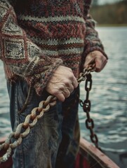Fototapeta premium Man, aged, hands, on chain, water, boat, fishing, outdoor, recreation, leisure, activity, relax, calm, serene, scenic, natural, peaceful, beauty
