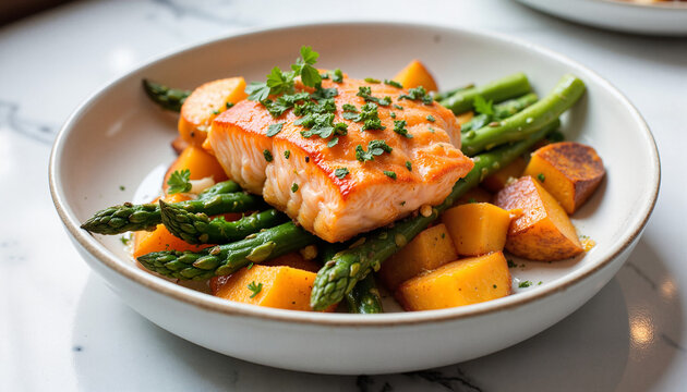 Grilled salmon with asparagus and roasted potatoes - Powered by Adobe