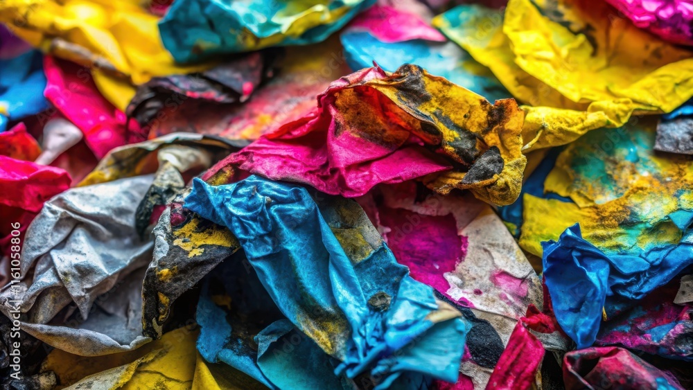 Poster a vibrant and chaotic abstract composition of crumpled and discarded colorful papers, reminiscent of