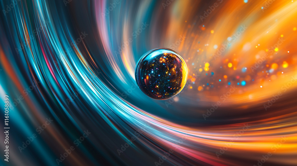 Poster cosmic swirl with vibrant colors and glowing sphere floating in the universe