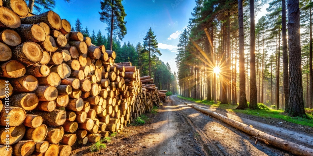 Poster A Stack of Logs Illuminated by the Golden Rays of the Setting Sun in a Forest
