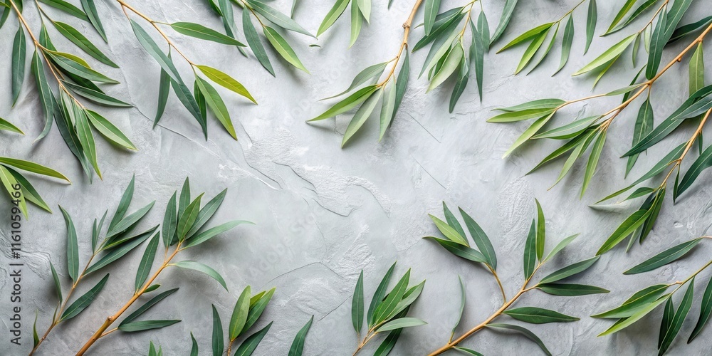 Poster a simple and elegant composition of lush green foliage arranged on a textured gray surface
