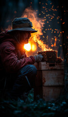 A man in a red jacket and hat is sitting in front of a box of bees. He is wearing gloves and he is working with the bees.