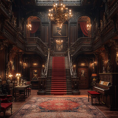 Obraz premium A large room with a red carpet and a grand staircase. The room is decorated with antique furniture and has a vintage feel