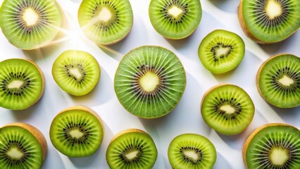 Fototapeta premium A vibrant arrangement of fresh kiwi slices bathed in warm sunlight, showcasing their juicy, green flesh and delicate seeds.