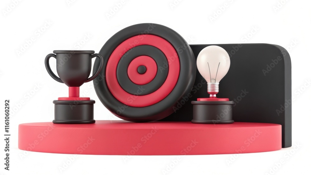 Poster a colorful 3d display featuring a dartboard, trophy, and lightbulb, symbolizing achievement and crea