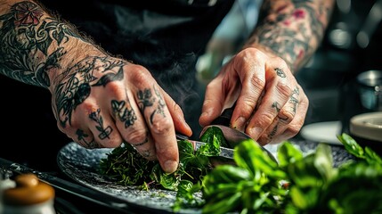 Chef skillfully slicing fresh herbs with focused dedication in a vibrant kitchen