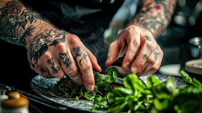 Chef skillfully slicing fresh herbs with focused dedication in a vibrant kitchen