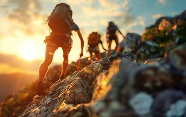 Backpackers hiking climbing the rock together, copy space. Blurred background. View bottom to top, reverse perspective, inverted viewpoint, flip, exploration concept. Robust momentum, energetic force