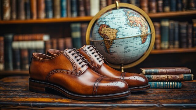 Brown leather Derby shoes hand crafted finish rest on wooden surface surrounded vintage books and globe evoking sophisticated and cultured atmosphere.