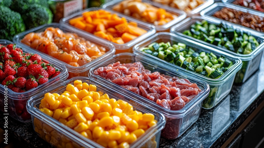 Poster colorful meal prep containers are organized on countertop. each container features balanced portions