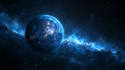 Fototapeta premium Vibrant blue planet against a cosmic backdrop with glowing stars and nebulae