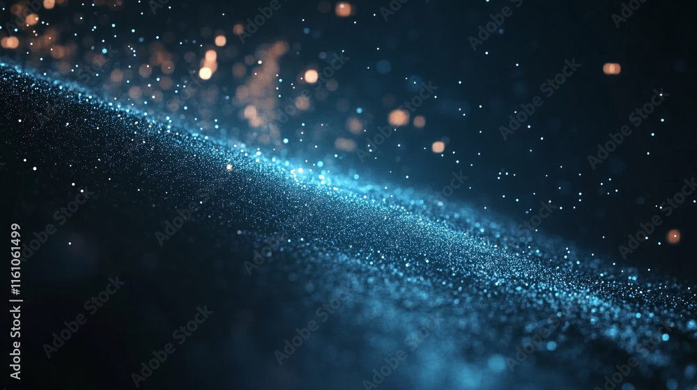 Poster shimmering blue particles create an enchanting effect in a dark background
