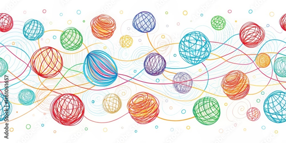 Fototapete a seamless pattern of colorful line art spheres connected by wavy lines against a white background
