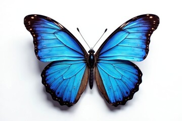 Obraz premium Single blue butterfly, iridescent wings against stark white , macro, graphic