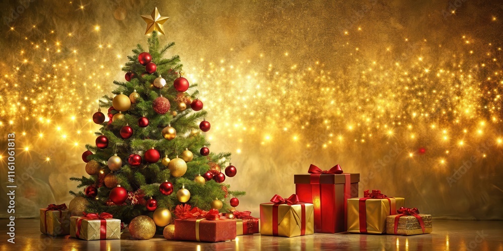Aufkleber a festive christmas tree adorned with red and gold ornaments against a sparkling background of golde