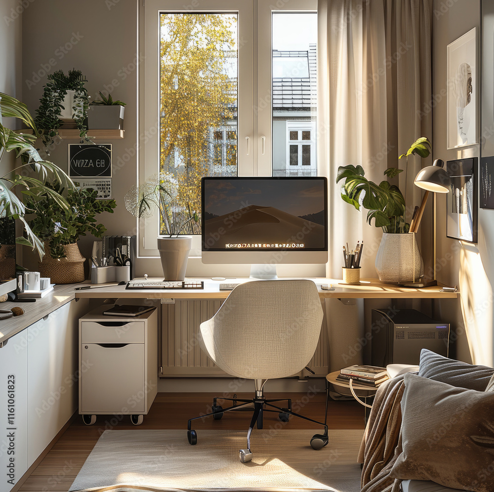 Aufkleber a cozy and stylish home office setup in a small living room. the space features a minimalist design 