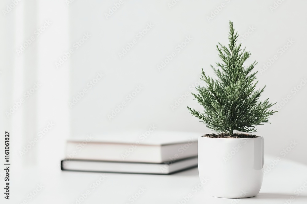Poster a small potted evergreen tree on a table with stacked books in the background.