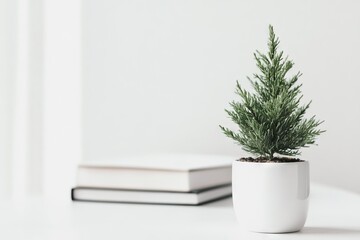 A small potted evergreen tree on a table with stacked books in the background.
