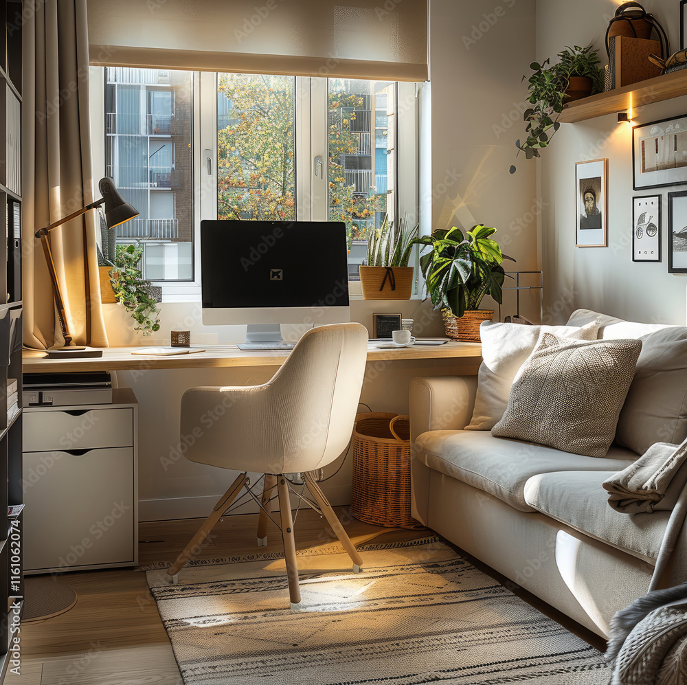 Poster a cozy and stylish home office setup in a small living room. the space features a minimalist design 