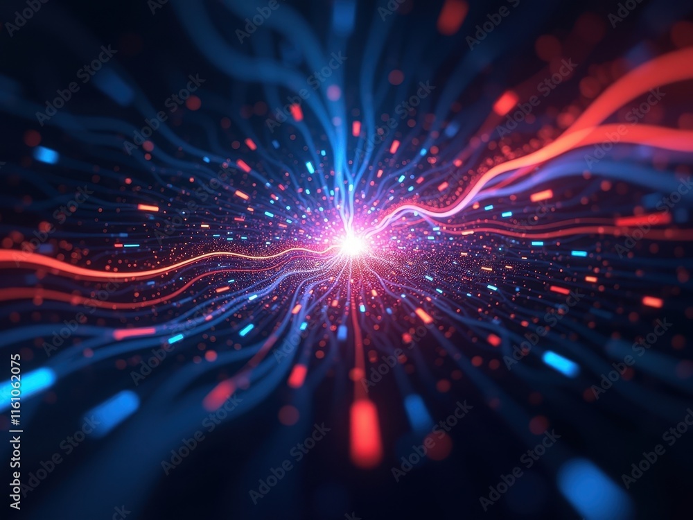 Poster abstract illustration showcasing the intricate workings of a quantum computer with vibrant red and b