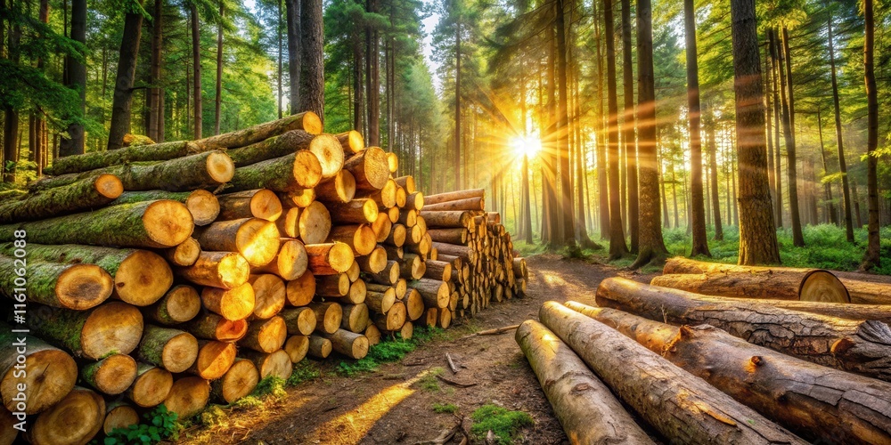 Poster golden sunlight bathes a forest path lined with stacked logs, casting long shadows through the trees