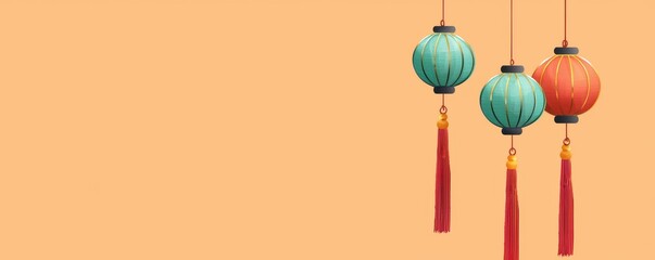 Chinese New Year theme background. Colorful lanterns hanging against a soft orange background, ideal for festive themes.