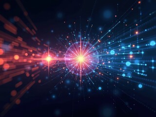 Naklejka premium Abstract visualization of a quantum computer showing vibrant energy patterns and intersecting particles in a digital space