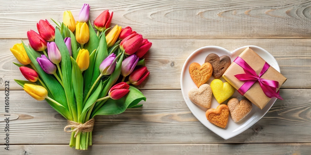 Poster a bouquet of colorful tulips sits beside a heart-shaped plate with heart-shaped cookies and a wrappe