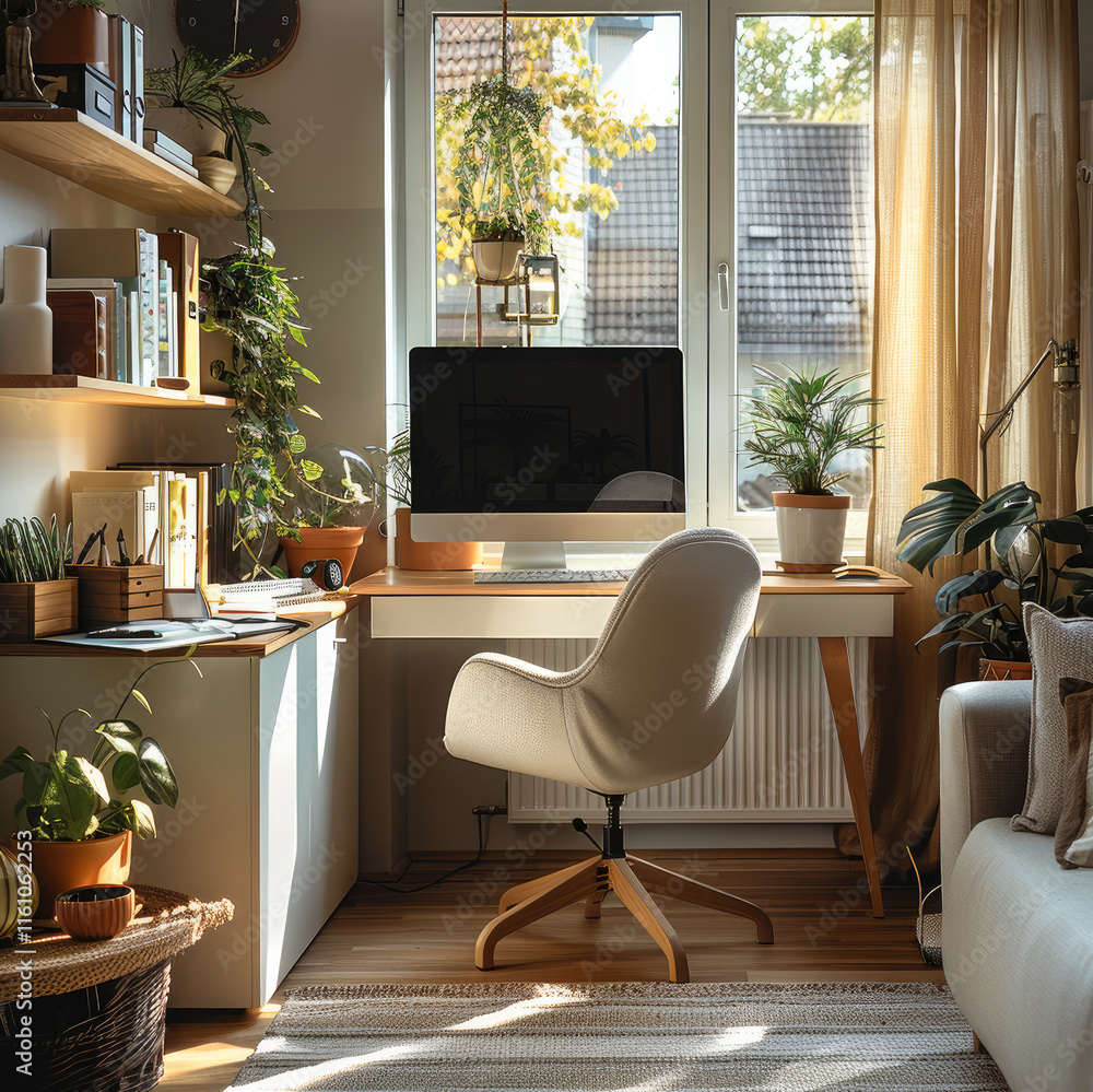 Aufkleber a cozy and stylish home office setup in a small living room. the space features a minimalist design 
