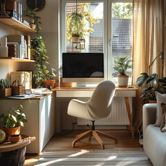 A cozy and stylish home office setup in a small living room. The space features a minimalist design with a compact yet functional desk, and ergonomic chair, and smart storage solutions.