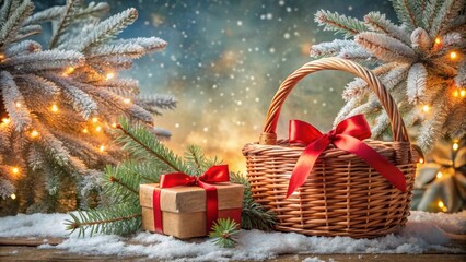 A festive wicker basket adorned with a red ribbon sits amidst a snowy landscape, a beautifully wrapped gift rests beside it, and glowing fairy lights illuminate the scene.
