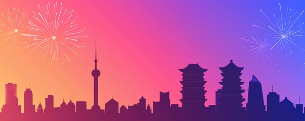 Chinese New Year theme background. Colorful skyline silhouette with fireworks against a vibrant gradient background.