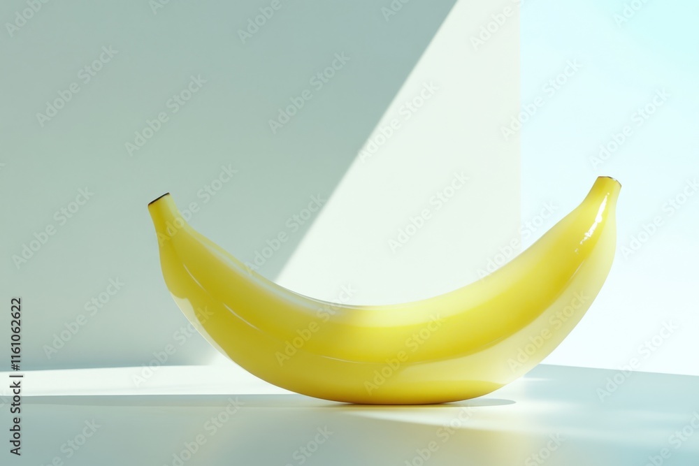 Poster a single yellow banana resting on a surface with soft lighting and geometric shadows.
