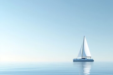 A serene sailboat glides across calm waters under a clear blue sky.