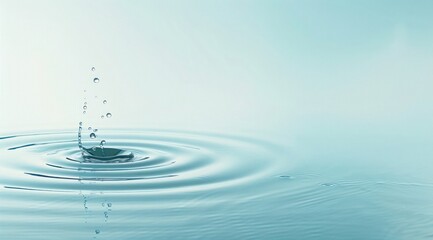 Water drop impact creating rings and splashing on a light blue background.